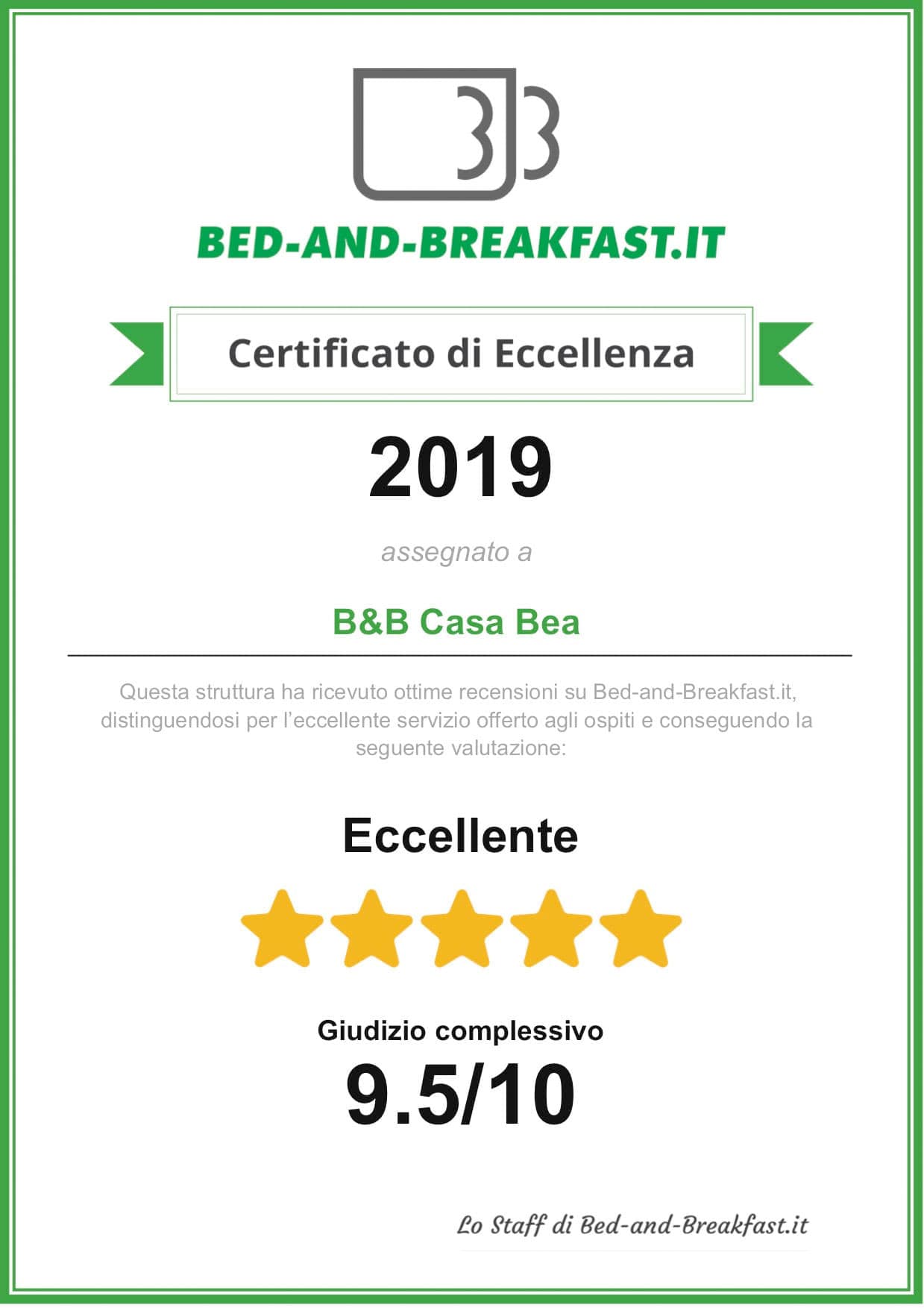 certificato eccellenza BB Casa Bea 1 certificato eccellenza B&B Casa Bea